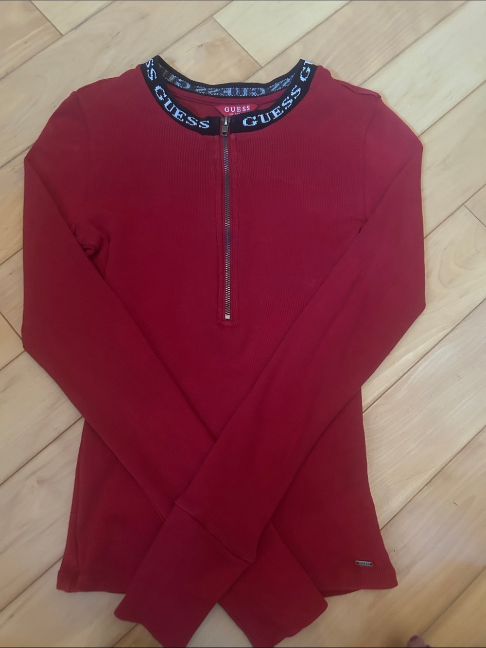 GUESS Red Long-Sleeve Ribbed Half-Zip Top with Logo Collar